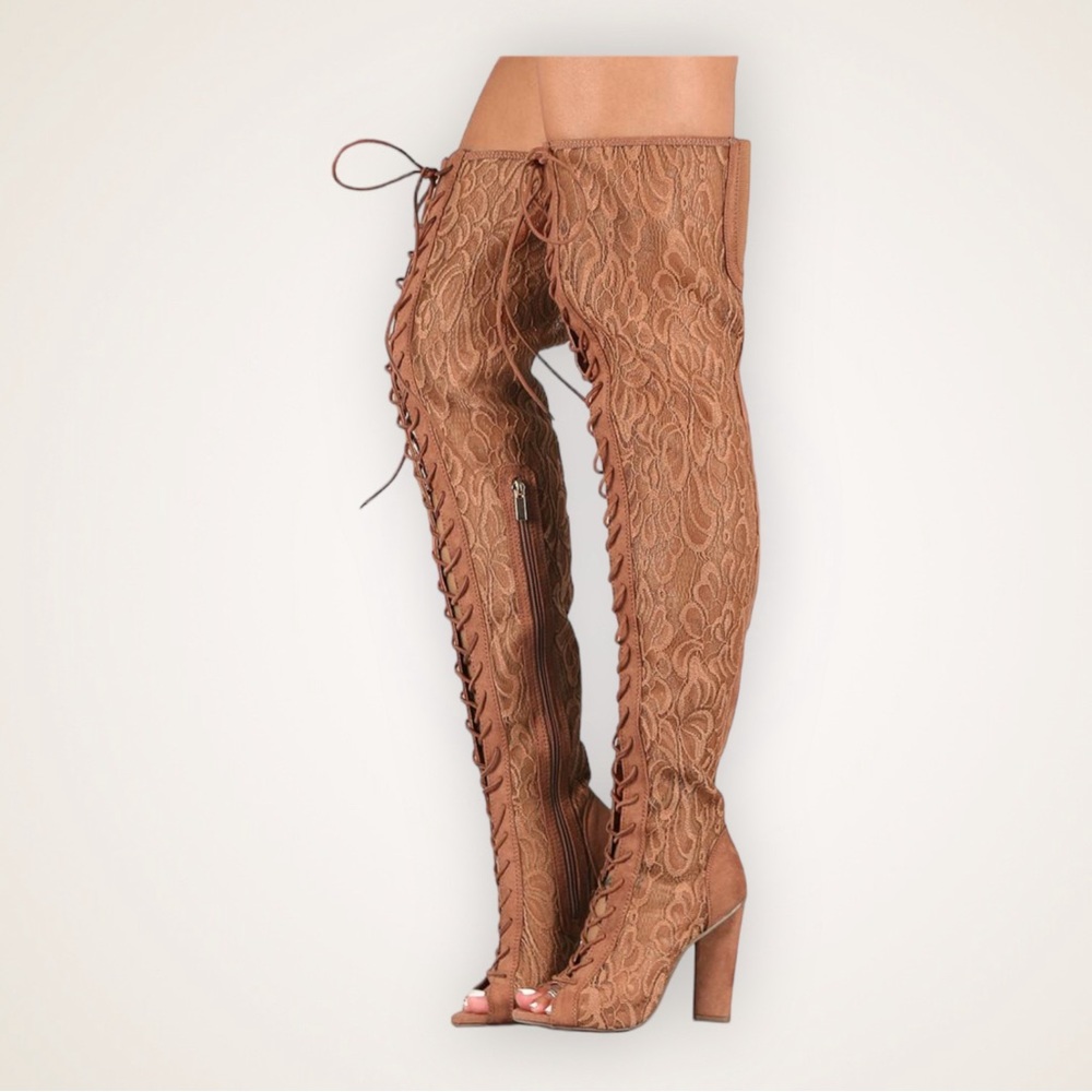 Thigh Lace-Up Heeled Peep Toe Boot. Sunlight 01M